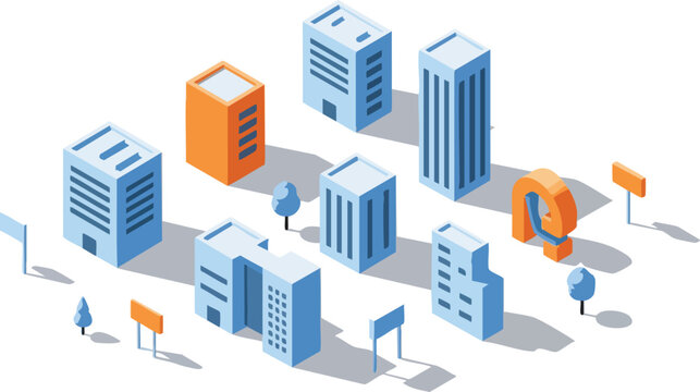 Isometric city illustration showcases modern urban planning with various buildings