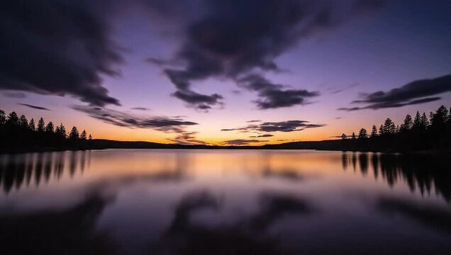 Purple and orange twilight sky reflecting on a calm lake with silhouetted trees at dusk - Powered by Adobe