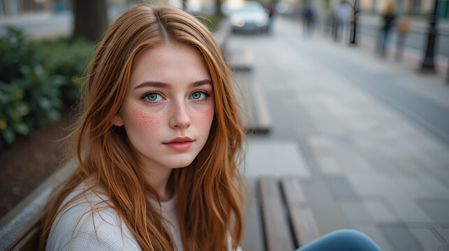 A young redhead with freckles looks directly at the camera while sitting on a bench.