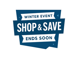 Flat vector banner design top text WINTER EVENT main text SHOP SAVE bottom text ENDS SOON deep blue and white flat geometric banner
