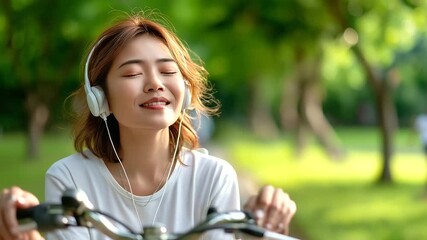 Beautiful woman listening to music while riding bicycle in park, under soft natural light highlighting joy and motion, serene outdoor scene, calm park lighting, with copy space