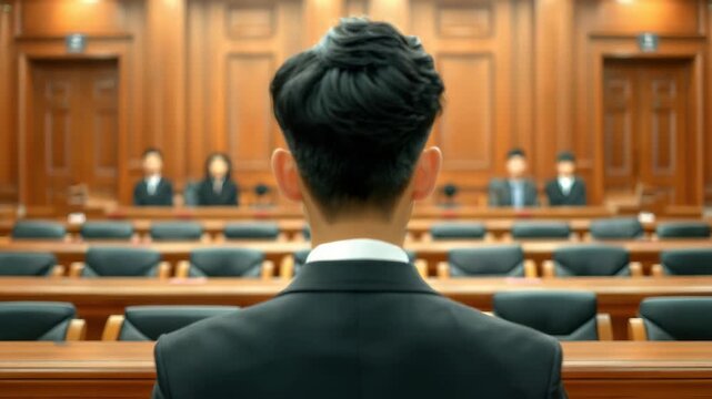 Facing Justice: A poised individual stands before a panel in a courtroom, embodying the essence of legal proceedings and contemplation of the judicial system.