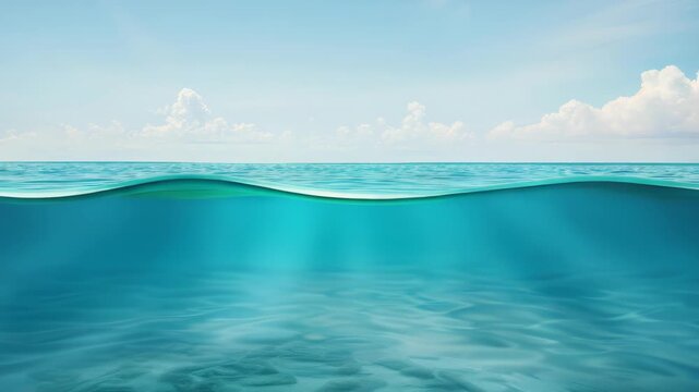 Oceanic Symphony: The sea's serene expanse unfolds in a captivating display, its azure waters embracing the boundless sky above. The scene, a tranquil blend of liquid movement and celestial clarity.