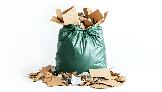Large green bag full of household waste, paper, and cardboard. Contents spill onto white surface showing debris and discarded