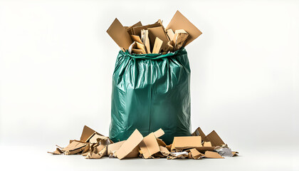 Large green bag full of household waste, paper, and cardboard. Contents spill onto white surface showing debris and discarded