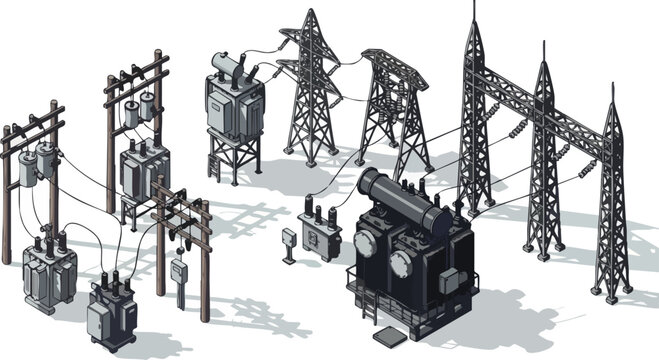 Isometric illustration of an electrical power grid. High-voltage transmission towers, power poles, and various transformers are interconnected