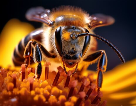 extreme macro close up of honey bee drinking nectar with vivid details