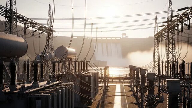Engineers check equipment amid dawn at industrial complex reservoirs