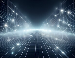 futuristic white digital grid with glowing nodes and abstract gradient network