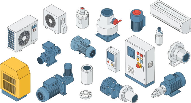 Isometric illustration of various industrial equipment including pumps, electric motors, HVAC units, and control panels