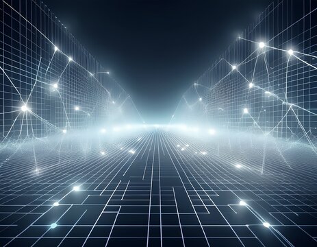 futuristic white digital grid with glowing nodes and abstract gradient network