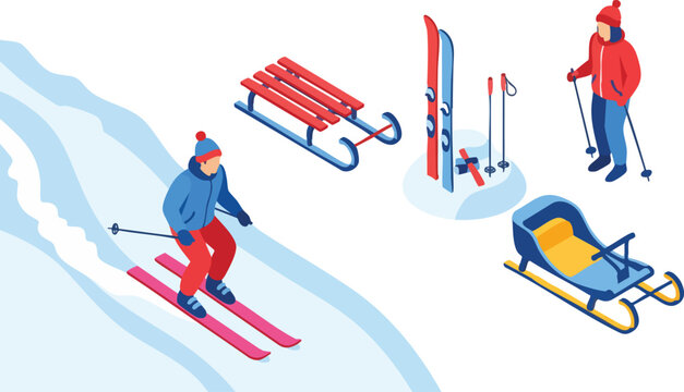 Isometric illustration of winter sports and activities. Includes skiing, sledding, and winter gear