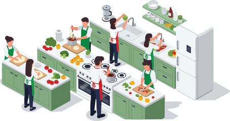 Isometric kitchen scene showing people preparing food