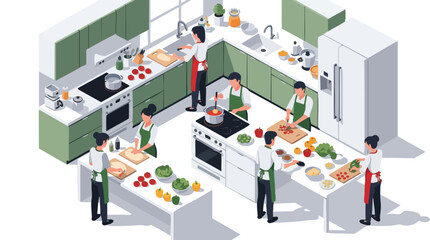 Obraz premium Isometric vector illustration of a diverse team cooking collaboratively in a bright modern kitchen, symbolizing teamwork, culinary classes, or food preparation challenges
