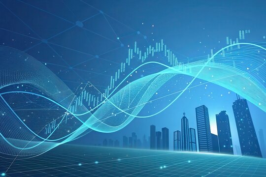 Abstract representation of financial growth with city skyline and data visualization elements