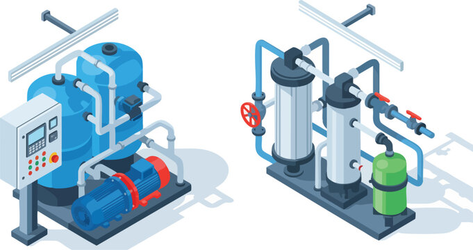 Isometric vector illustration of industrial water purification and treatment systems