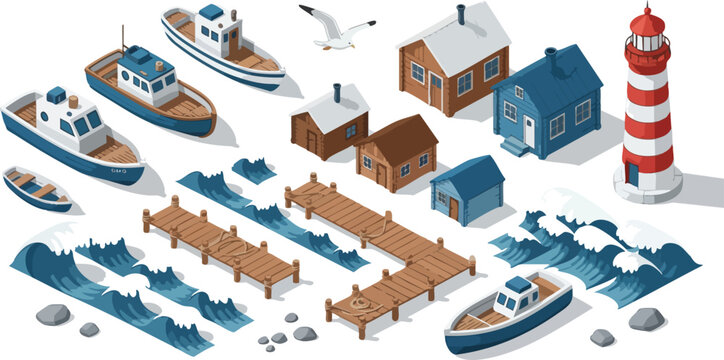 Isometric vector illustration of seaside elements. Includes boats, lighthouse, pier, houses, waves, and seagull - Powered by Adobe