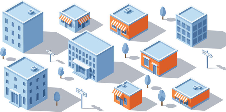 Isometric vector illustration of various city buildings and shops with trees and street signs. Modern urban landscape design