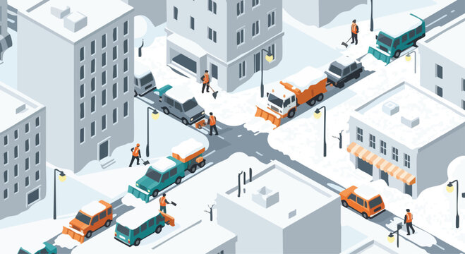 Isometric view of city streets being cleared of snow after a blizzard with snowplows and workers shoveling