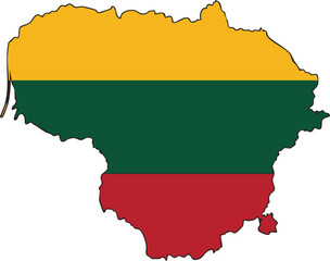 Obraz premium Lithuania map in national flag colors. Vector outline illustration, isolated on white background. Design element for travel, education, and geography