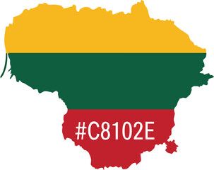 Obraz premium Lithuania map vector illustration, filled with its national flag colors: yellow, green, red. The red stripe shows hexadecimal color code #C8102E