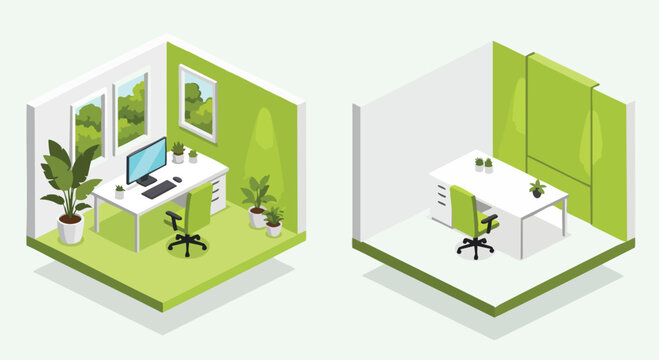 Modern isometric green office illustrations. One shows a home office with a computer and plants. The other is a minimalist cubicle
