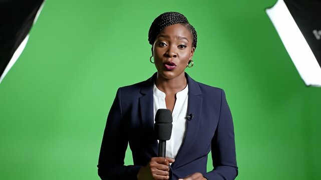 A professional young woman journalist speaking into a microphone, wearing a navy blue blazer and white shirt, standing in front of a green screen background. Perfect for news broadcasts, interviews,