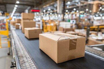 Cardboard boxes moving on a conveyor belt in a busy warehouse during the shipping process
