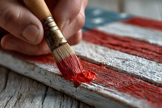 DIY Patriotism: Close-Up of Hand Painting a Rustic American Flag - Powered by Adobe