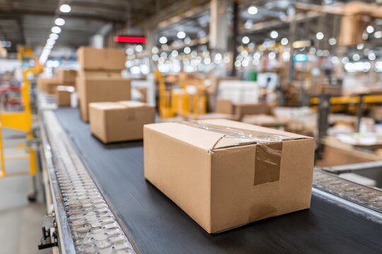 Cardboard boxes moving on a conveyor belt in a busy warehouse during the shipping process