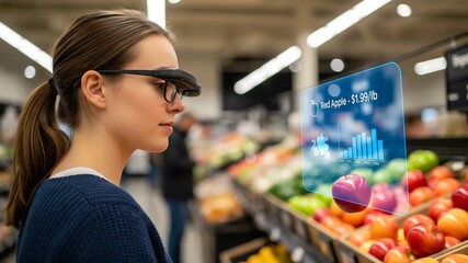 AR Enhanced Shopping: A young woman uses augmented reality glasses to view product information while grocery shopping in the produce section of a supermarket.