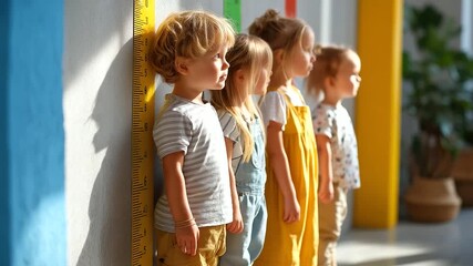 Cute children measuring their heights near colorful walls, collage of portraits, under soft natural light highlighting joy and growth, serene family scene, calm colorful lighting,