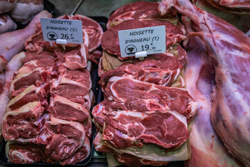 Cuts of beef at a typical French butcher shop counter in Nice, South of France