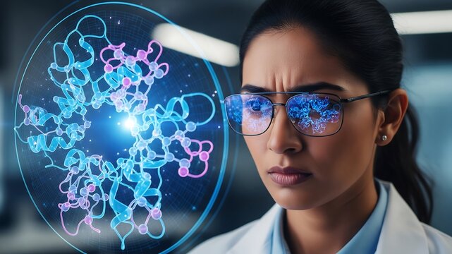 Protein Structure Analysis: A scientist intently studies a holographic projection of a complex protein molecule, reflections visible in her glasses, within a modern lab environment.