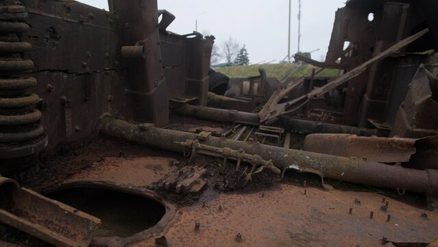decay and neglect in vehicle, industrial ruin inside rusted military machinery showing neglect