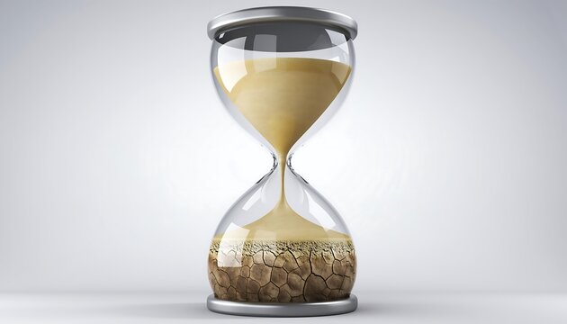 3D hourglass with sand transforming into cracked soil at the bottom, symbolizing drought, time, and environmental change in a dramatic visual concept.