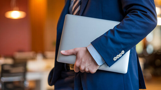 Businessman holding a silver laptop under his arm in a corporate setting