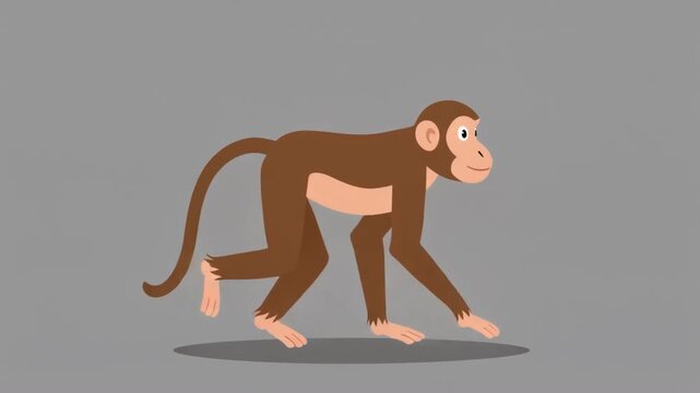 Animated brown monkey walking on a gray background in a cartoon style with a long tail swinging 4k animation