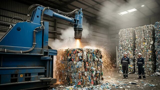 Hydraulic baler compresses mixed recyclables in industrial setting with sparks and dust.