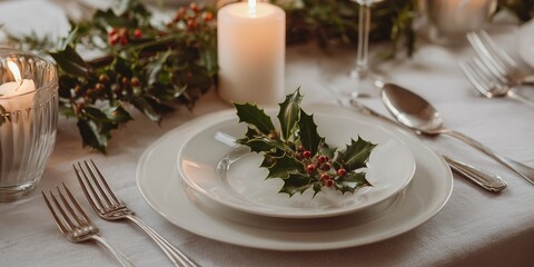 Fototapeta premium Elegant Christmas table setting with holly decoration and candles. Concept: timeless holiday style, minimalism with natural elements.