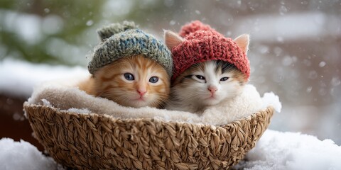 Two adorable kittens in gray and red knitted pom-pom hats sitting in wicker basket with snow falling outside window. Cute winter pet portrait, cozy festive holiday vibe full of innocence and warmth.