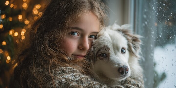 Girl hugs dog by window on a winter day, Christmas lights in background. A tender moment of warmth and connection in a festive home.