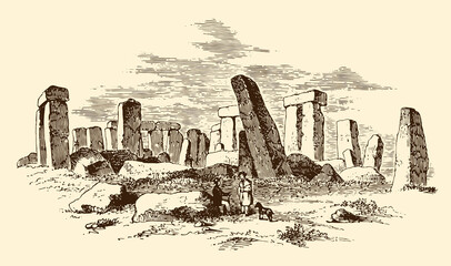 Vintage engraving of ancient stone circle stonehenge with two visitors observing the massive megalithic structure