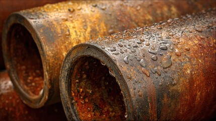 High resolution photo of two large pipes are shown in close-up. The surfaces display intricate textures and water droplets, likely from recent rain, highlighting their industrial use.