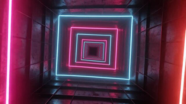 Neon square tunnel with pink and blue lights creating a geometric abstract background 4k animation