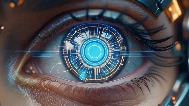 Close up of a cyborg eye with intricate mechanical details and a bright blue iris focus point