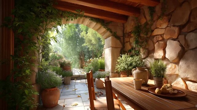 Rustic patio features wooden table with chairs, open archway gives to a lush green garden, Mediterranean architecture, natural light and neutral color palette make it inviting spac