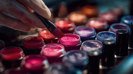 Beautician wearing gloves using brush selecting pink glitter nail polish from colorful palette in beauty salon, nail art, manicure, make up and cosmetics concept