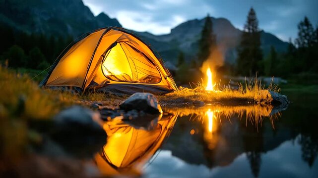 Glowing orange tent sits near serene lake with campfire at night, mountains, forest surround scene, starry sky above water reflect peaceful twilight camping adventure, warm fire gl