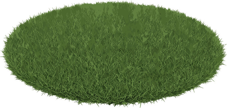 A realistic circular patch of lush green lawn grass or meadow turf isolated on a clean white background for nature-themed design